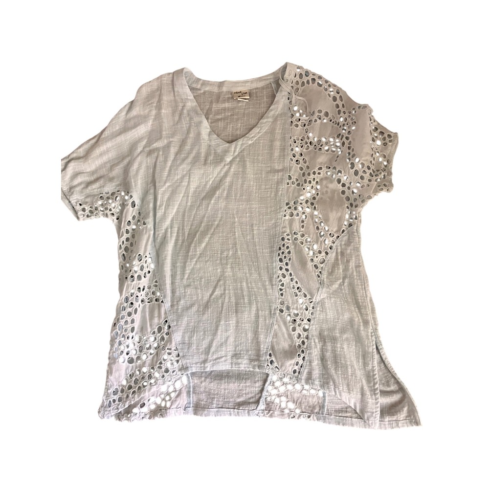 MindSet XCVI Blue 100 Cotton Gauze Eyelet Cutout V-Neck Top‎ Lightweight Summer